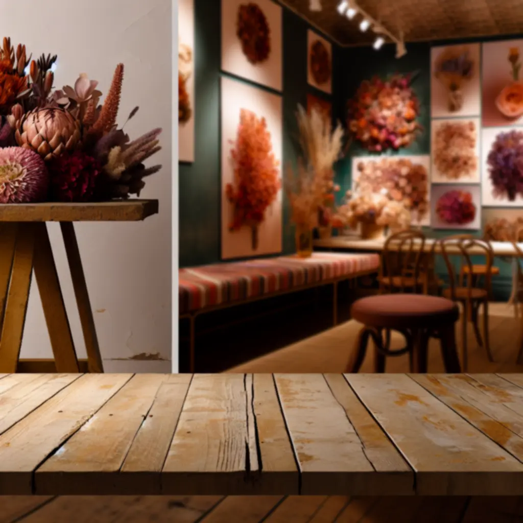 Meghitt, texturált virágasztal kézzel kötött csokrokkal a PetalHoouse műhelyéből.