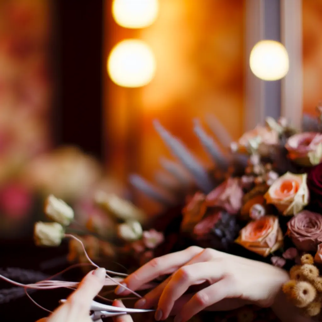 Művészi, részletgazdag fotó egy kézműves virágkompozícióról