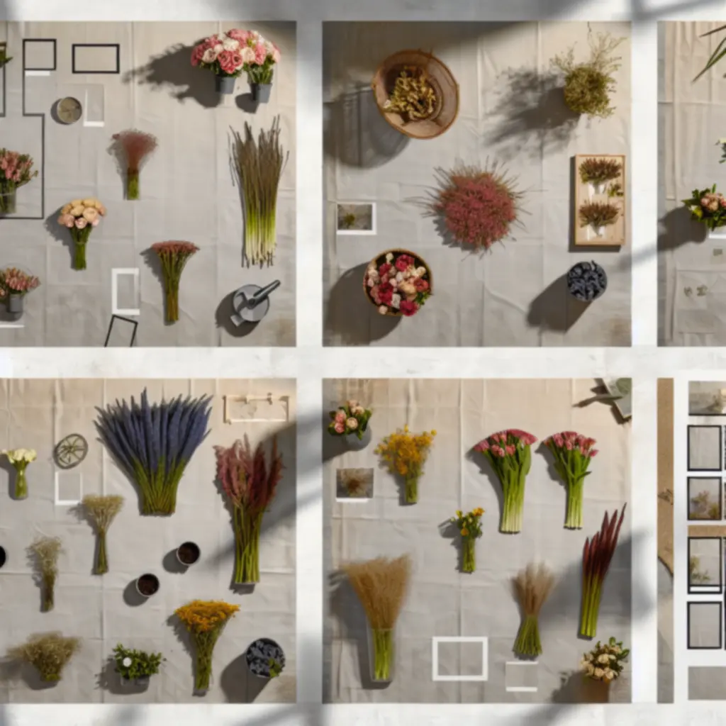 Virágok és növények lapos elrendezésben, hangulatos textúrákkal körülvéve.