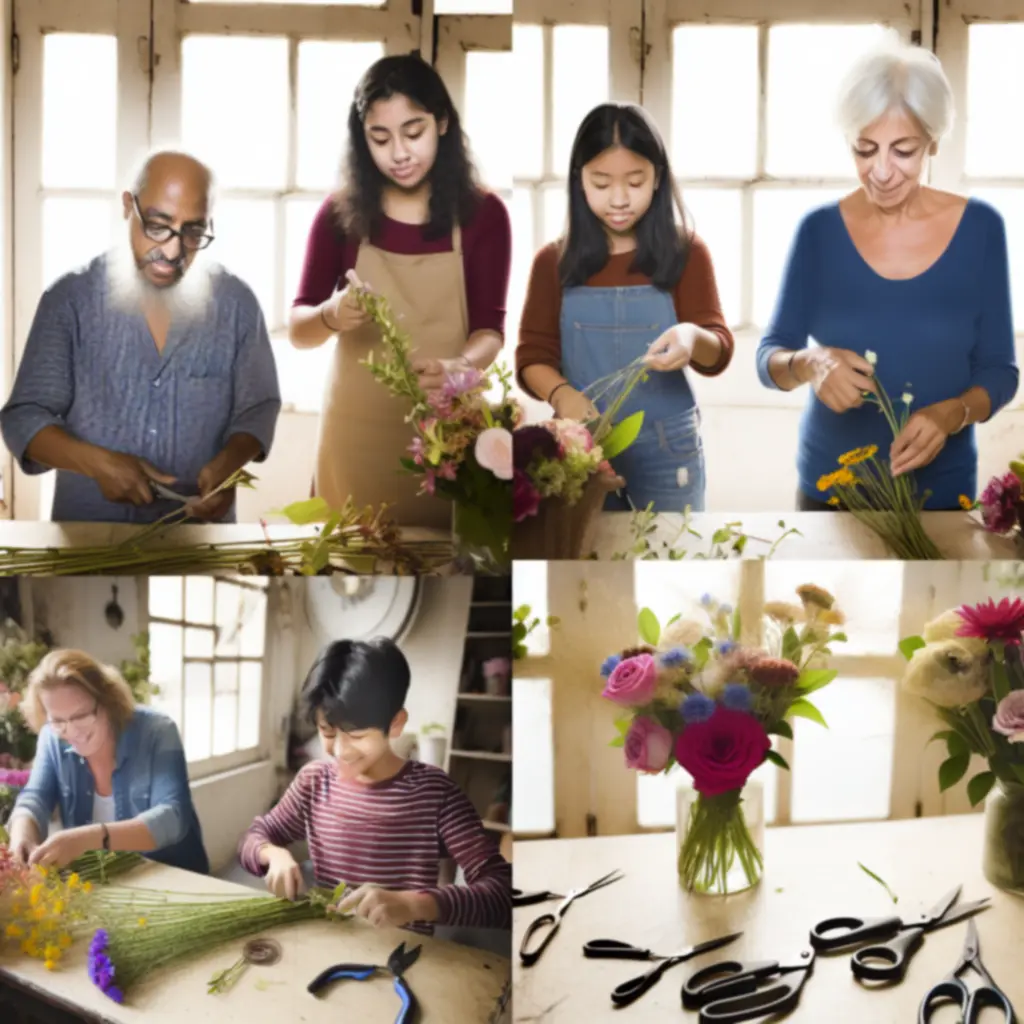 Közösségi virágkötő workshop résztvevői alkotás közben.