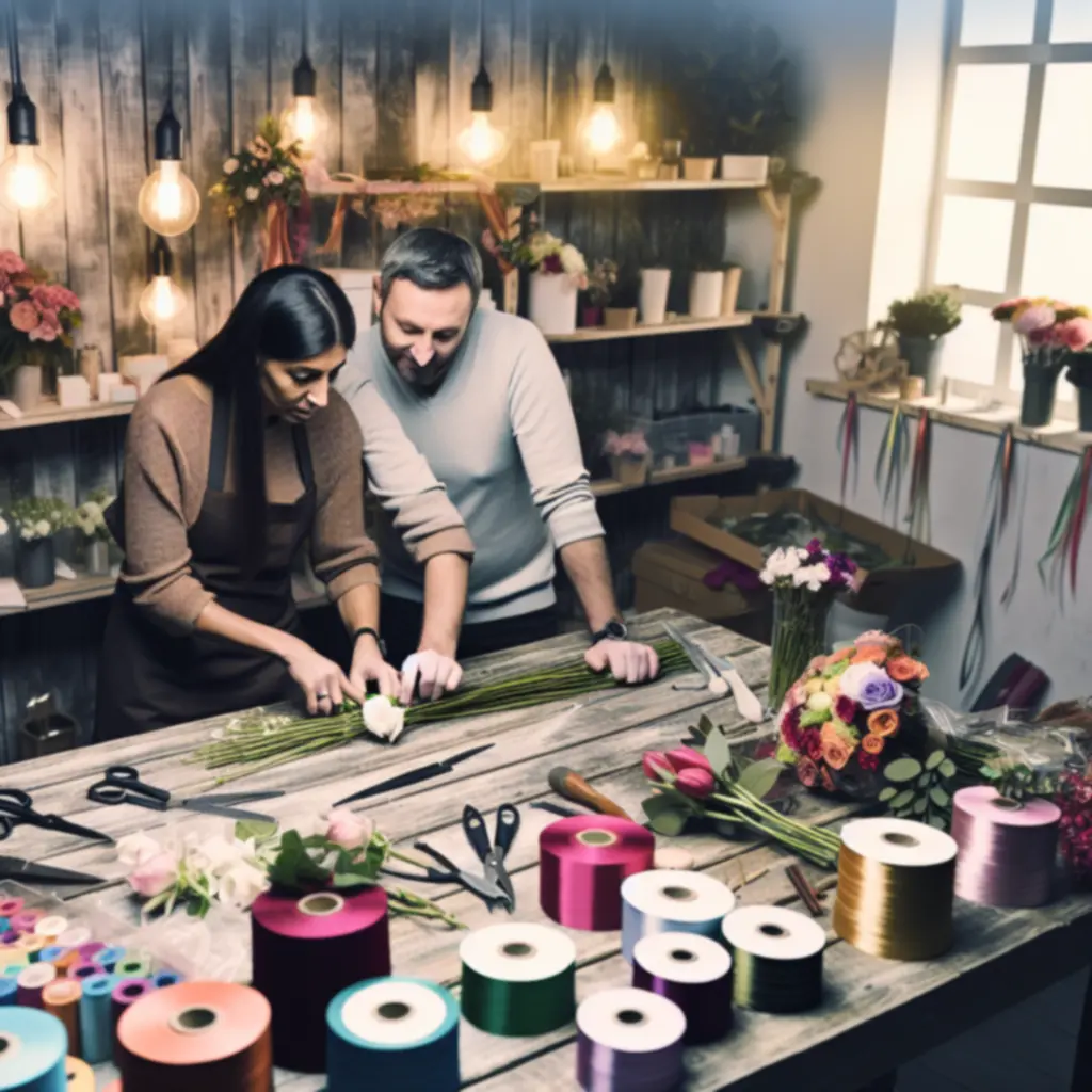 Virágkötő művészek és lakberendező közös tervezés közben a műhelyben.