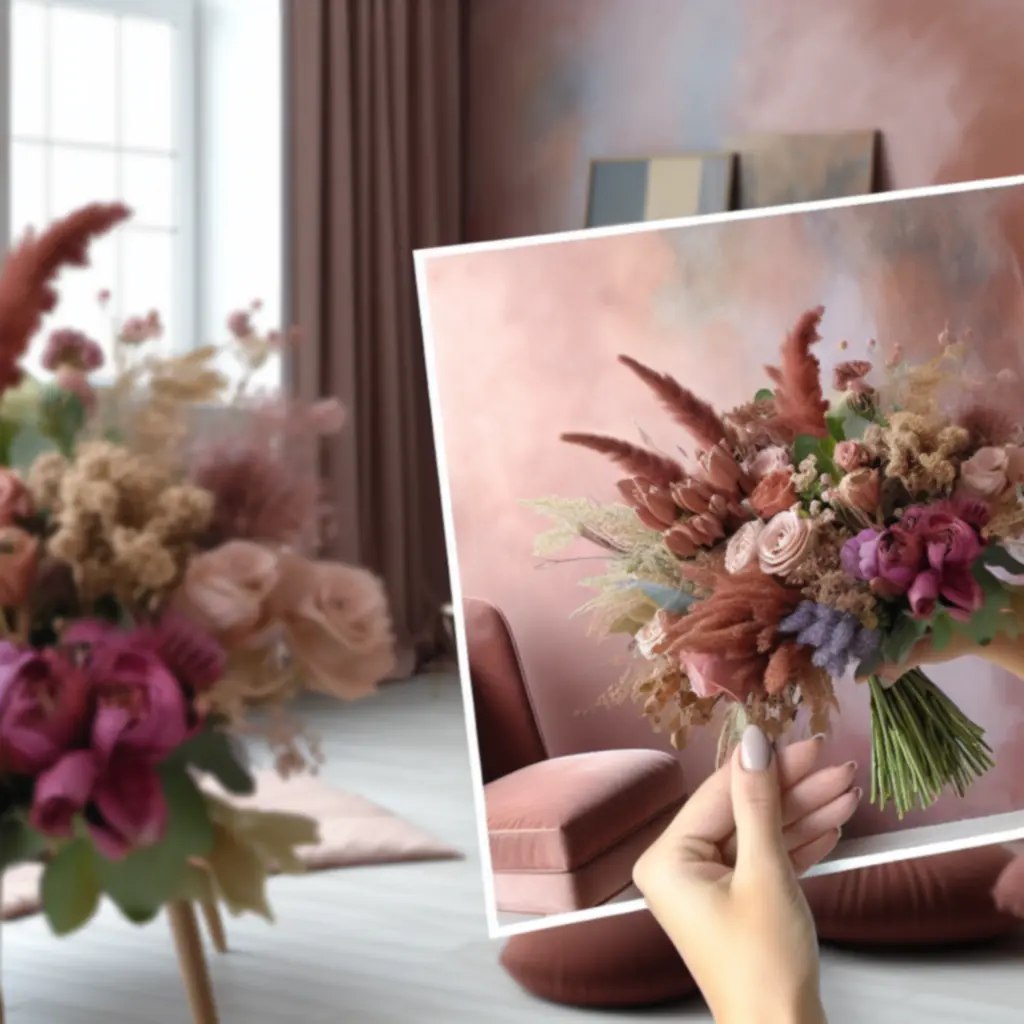 Kézzel kötött, finom pasztell csokor faasztalon, művészi hangulatban.