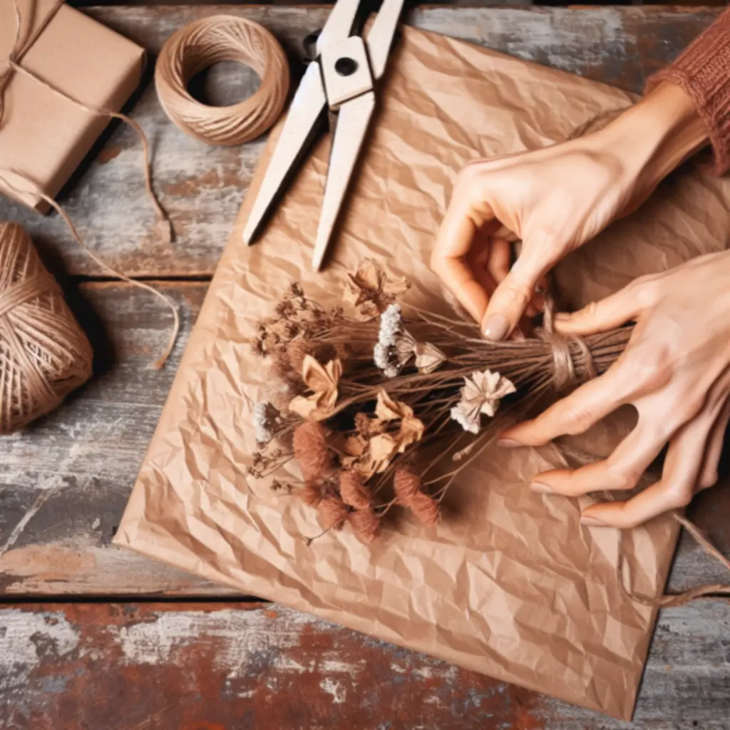 Kreatív ajándékcsomagolás virágokkal, texturált papírral és szalaggal.