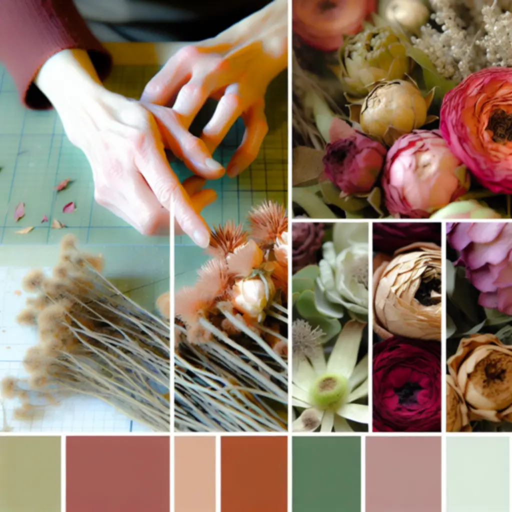 Közeli kép texturált szárazvirágokról meleg, földszínű árnyalatokban.