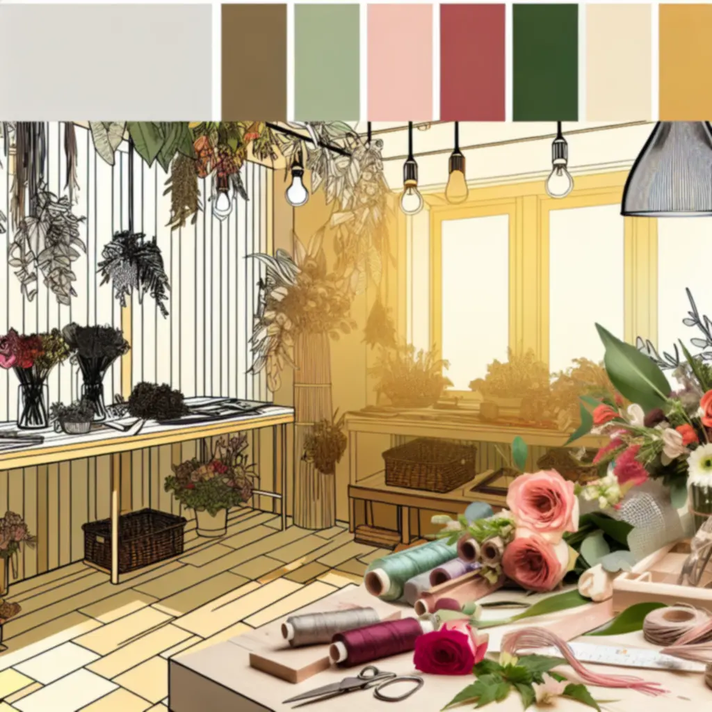 Hangulatos virágbolt belső tér, kézműves részletekkel és virágokkal teli asztalokkal.